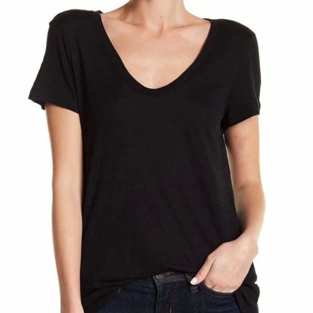 Susina Cotton Modal Pocket Tee Shirt (L) Black Slub Scoop Neck Relaxed Fit
